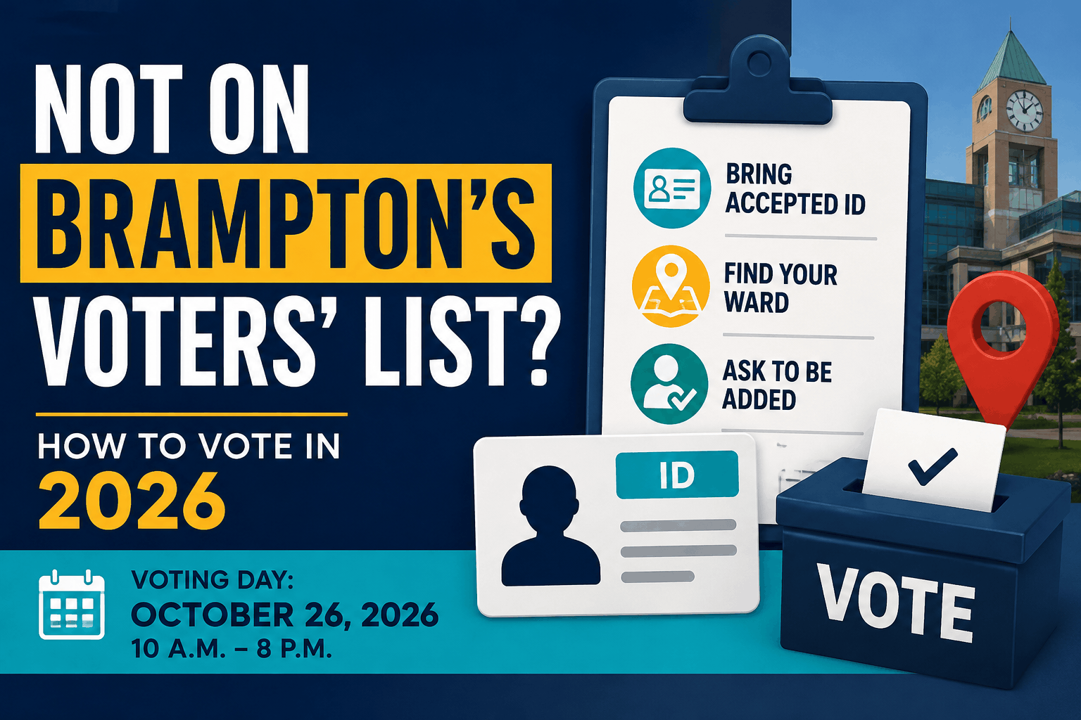 Not on Brampton’s voters’ list? Election checklist showing accepted ID, ward lookup and voter registration steps for 2026