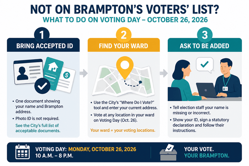 Three steps for voters missing from Brampton’s voters’ list: bring accepted ID, find your ward, and ask election staff to be added.