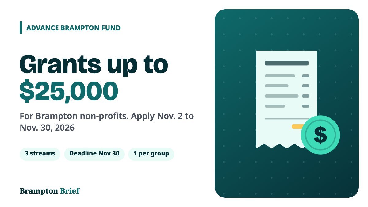 Advance Brampton Fund 2027 cover: grants up to $25,000 for Brampton non-profits, apply November 2 to November 30, 2026