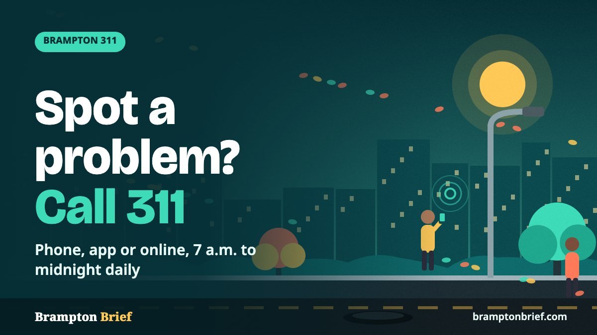 Illustration of a resident using a phone on a street at dusk, with the headline Spot a problem? Call 311