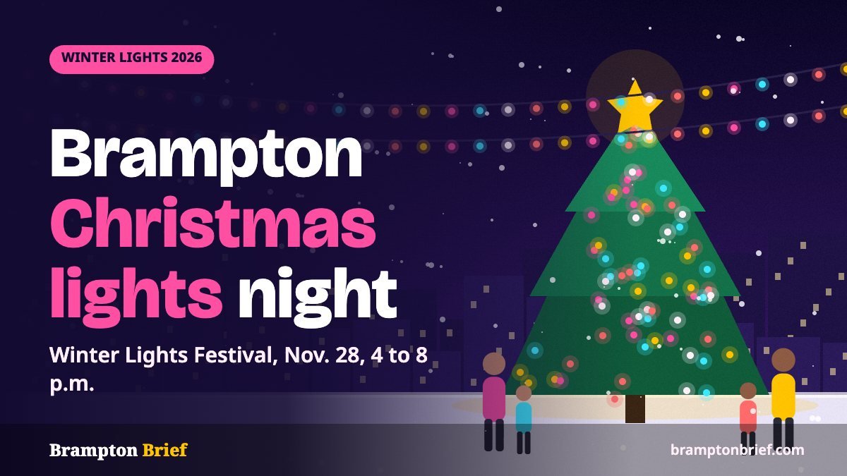 Illustration of families walking past a lit Christmas tree on a snowy evening street, with the headline Brampton Christmas lights night