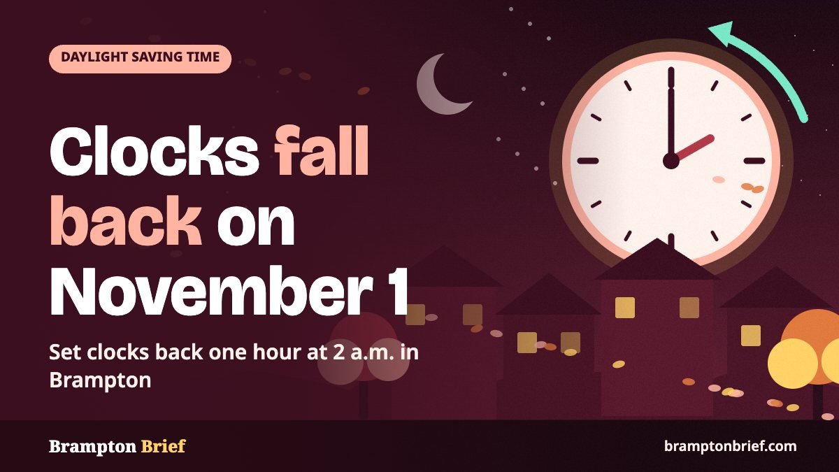 Illustration of an autumn night street with houses and a large clock, for daylight saving time ending in Brampton on November 1