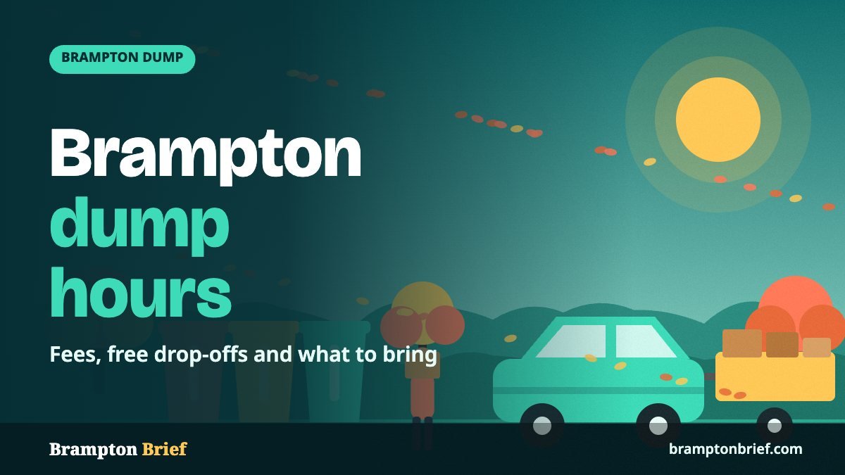 Illustration of a car and trailer loaded with boxes beside coloured waste bins on an autumn afternoon, with the headline Brampton dump hours explained