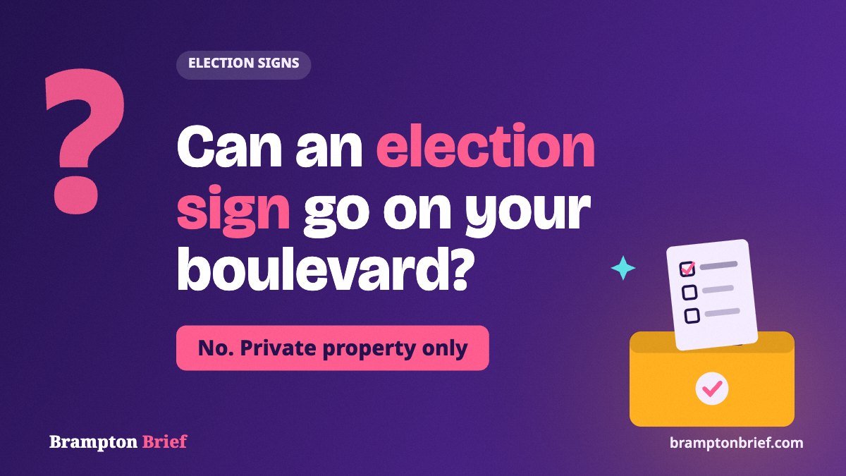 Brampton Brief cover graphic asking whether an election sign can go on a boulevard, with the answer: private property only