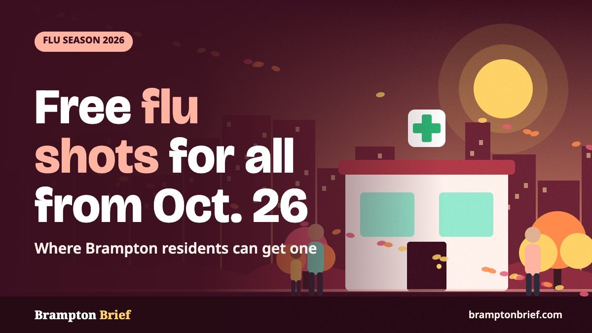 Illustration of people walking to a neighbourhood clinic on an autumn evening, with the headline Free flu shots for all from Oct. 26