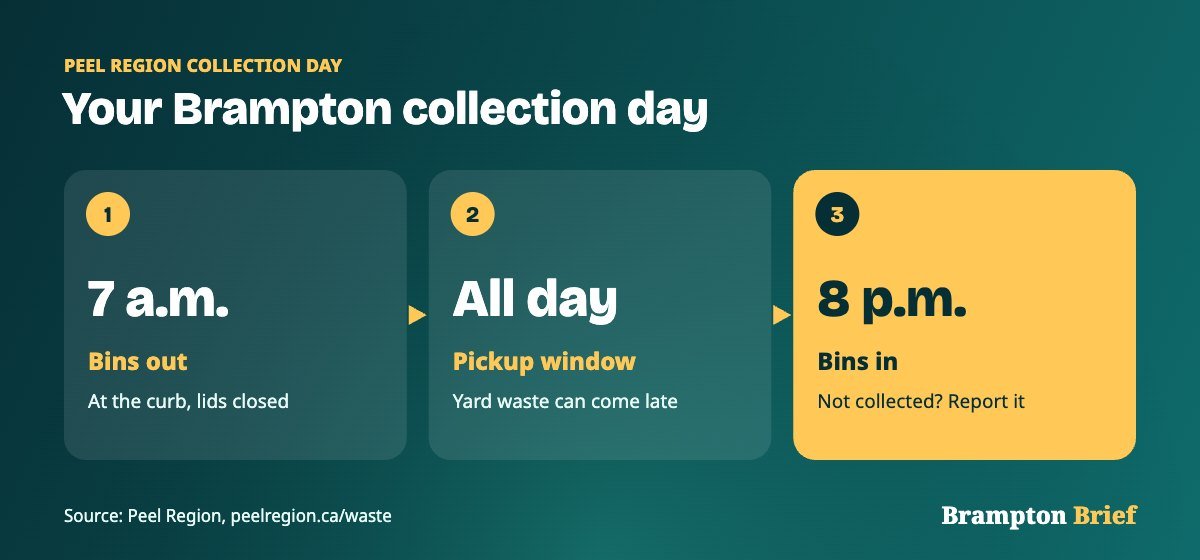 Brampton garbage collection schedule times: bins out by 7 a.m. and back in by 8 p.m.