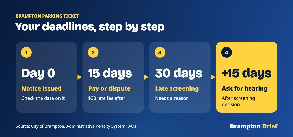Timeline of Brampton parking ticket deadlines: 15 days to pay or dispute, 30 days for a late screening, 15 days to request a hearing
