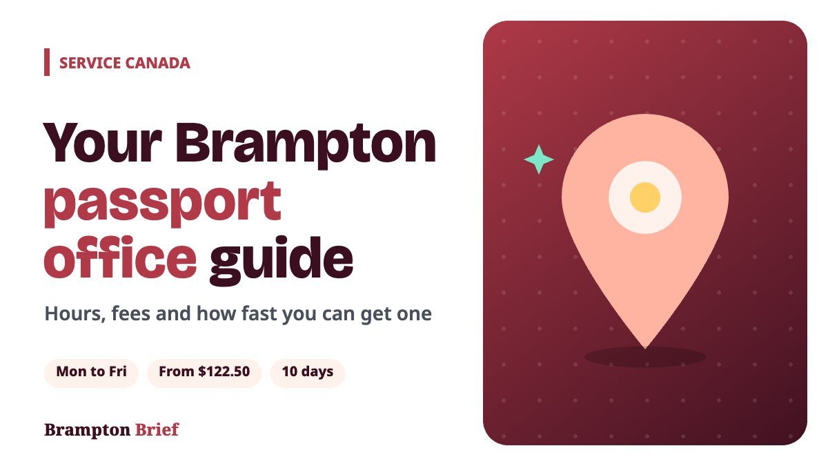 Brampton passport office guide cover with a map pin and the headline Your Brampton passport office guide