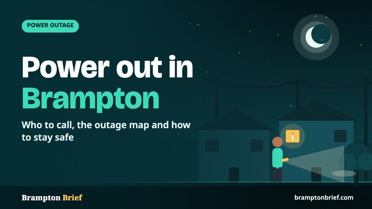 Illustration of a person with a flashlight outside dark houses at night during a Brampton power outage