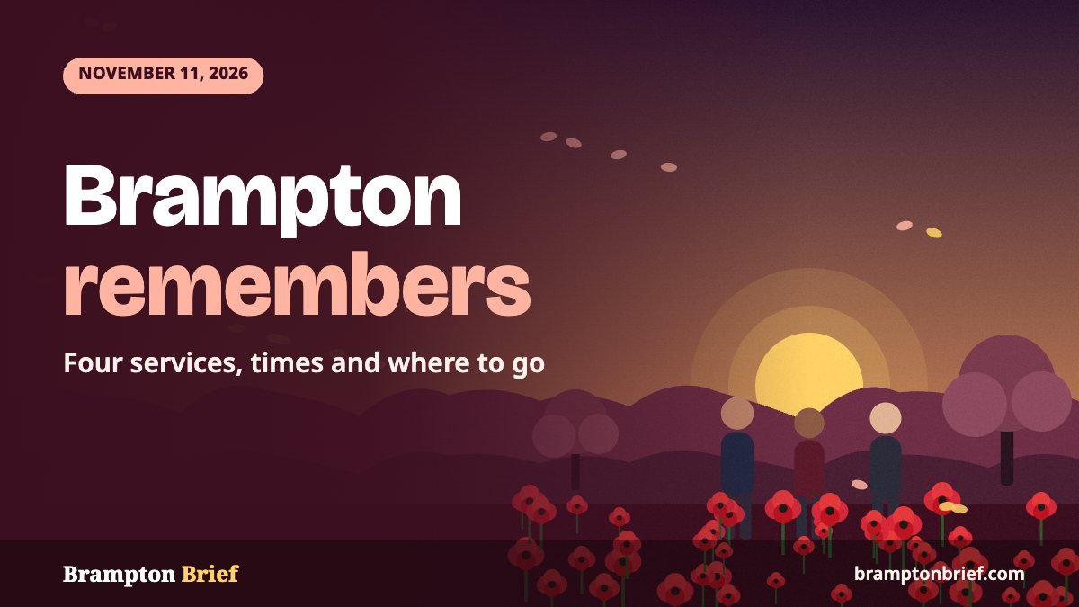 Illustration of three people standing among red poppies on a hillside at sunrise, with the headline Brampton remembers