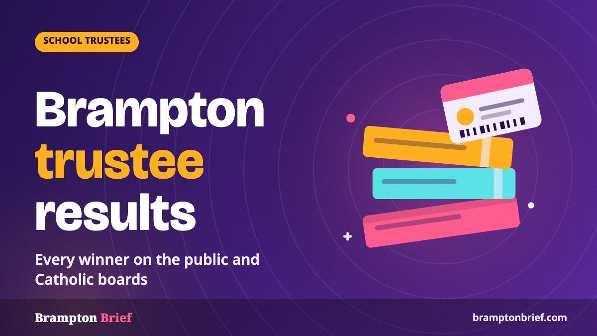 Brampton school board trustee results 2026 cover graphic with stacked books and a ballot card