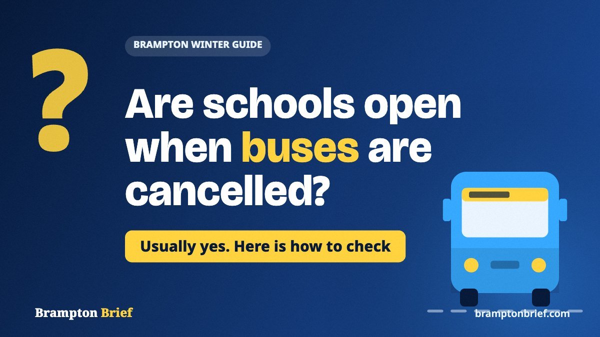Brampton school bus cancellations guide cover asking whether schools are open when buses are cancelled