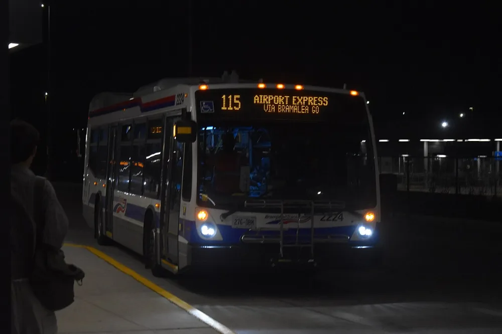 A Brampton Transit bus on route 115 Airport Express at Bramalea GO station