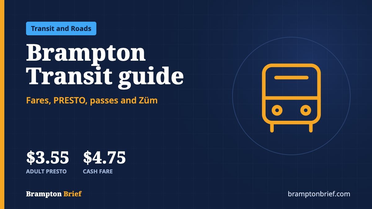 Brampton Brief card reading Brampton Transit guide, with a $3.55 adult PRESTO fare and $4.75 cash fare.