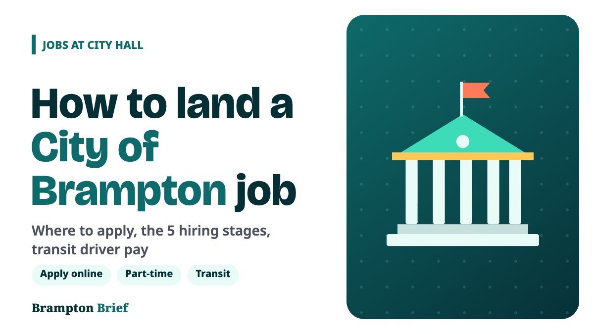 Brampton Brief cover graphic about how to apply for City of Brampton jobs, with an illustration of a city hall