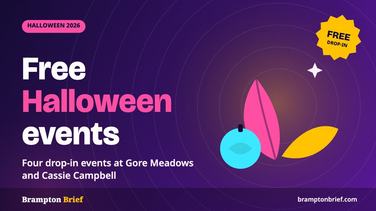Brampton Brief cover for free Halloween events in Brampton with an autumn leaves illustration