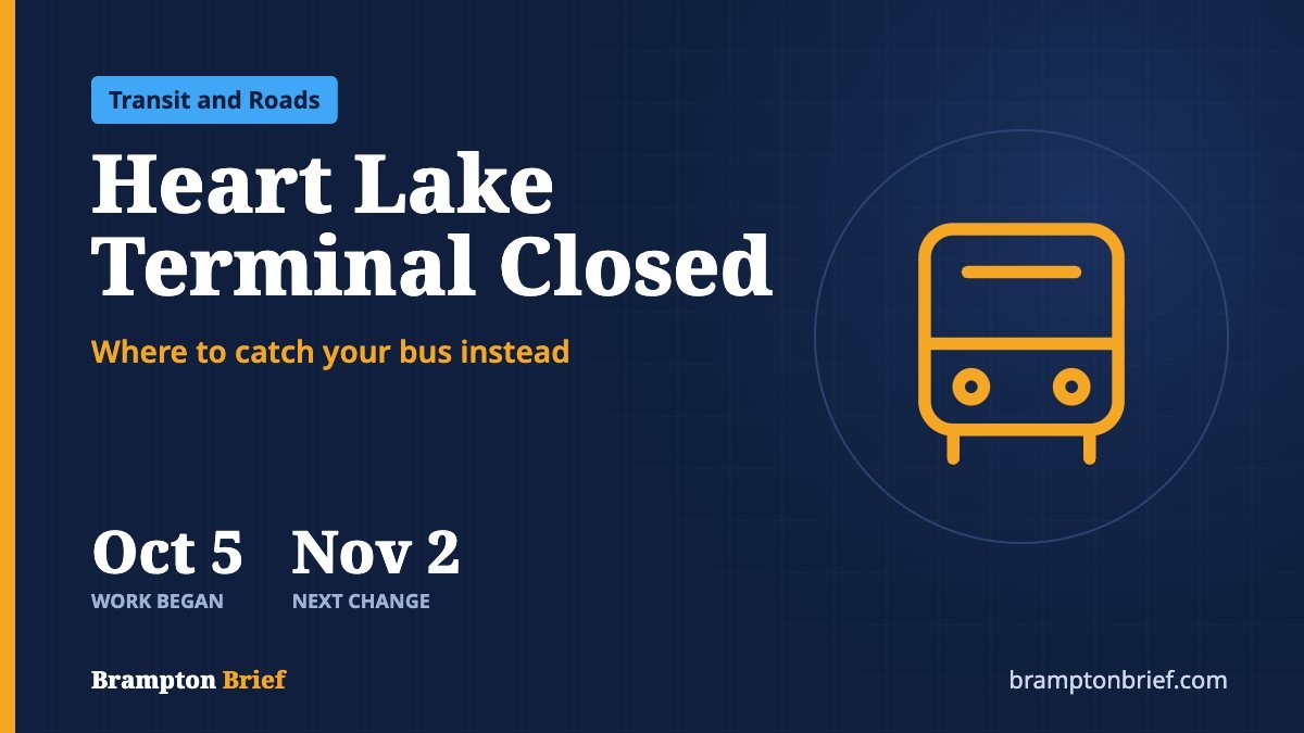 Brampton Brief card reading Heart Lake Terminal Closed, with work beginning October 5 and the next transit service change November 2