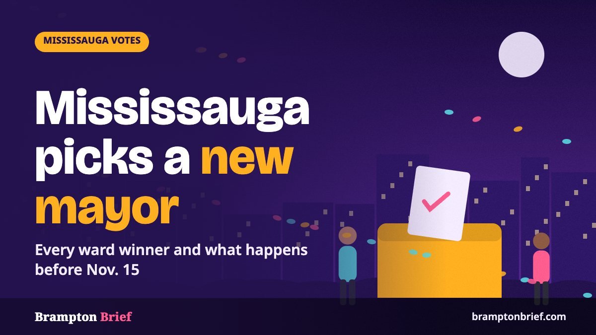 Illustration of two people beside a ballot box at night over a city skyline, with the headline Mississauga picks a new mayor