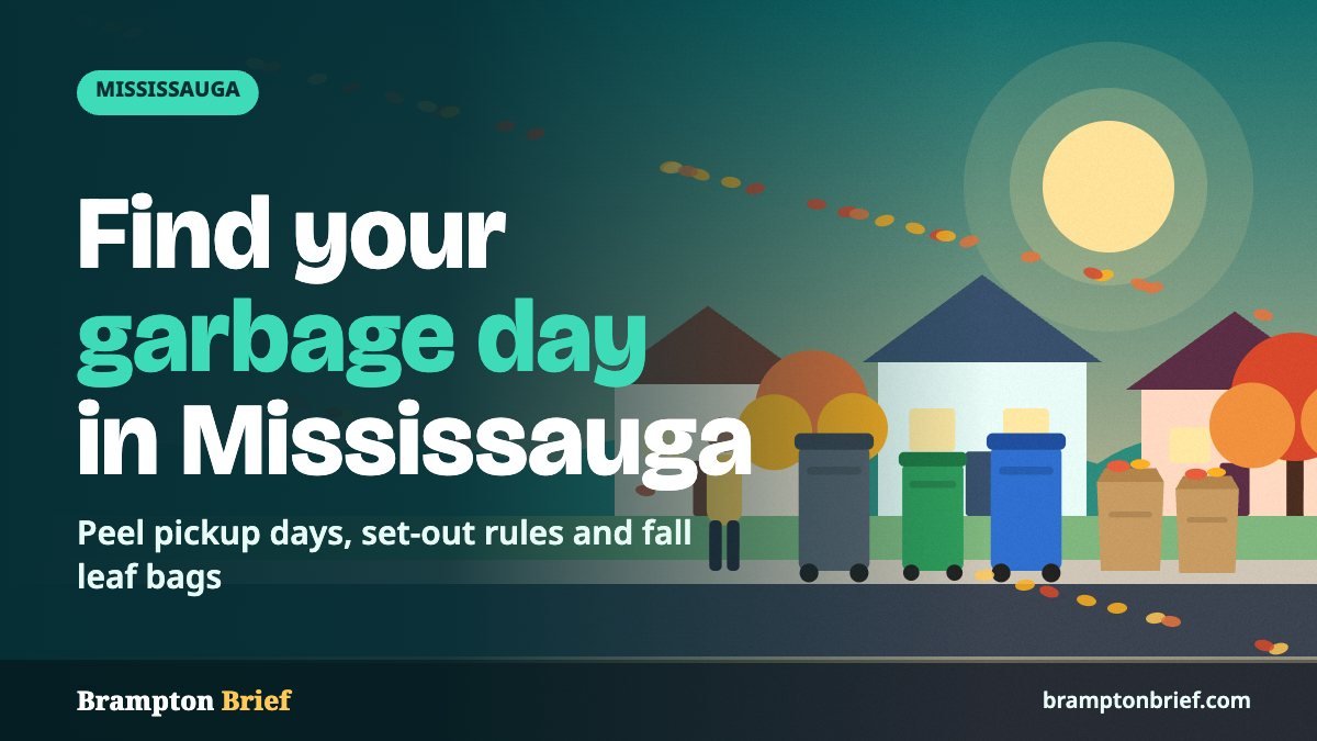 Illustration of grey, green and blue bins and paper leaf bags at the curb on an autumn street, with the headline Find your garbage day in Mississauga