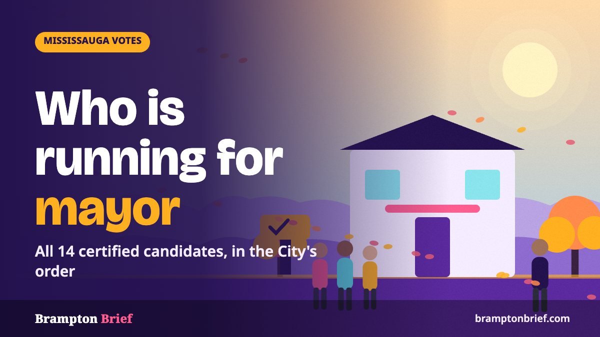 Illustration of voters lining up outside a polling place on an autumn morning, with the headline Who is running for mayor in Mississauga