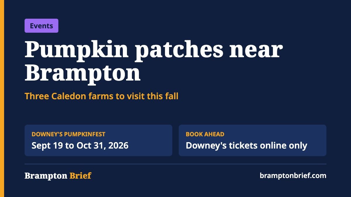 Pumpkin patches near Brampton: Downey's Pumpkinfest runs September 19 to October 31, 2026, with tickets sold online only