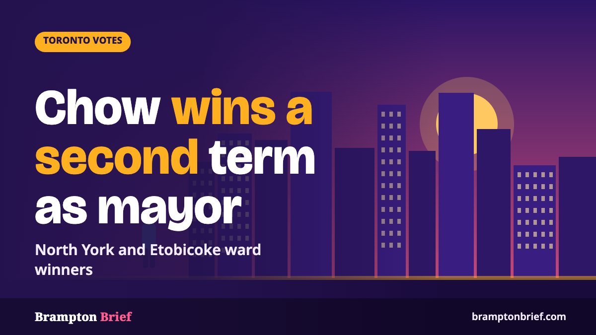 Illustration of a person standing before a city skyline at dusk, with the headline Chow wins a second term as mayor