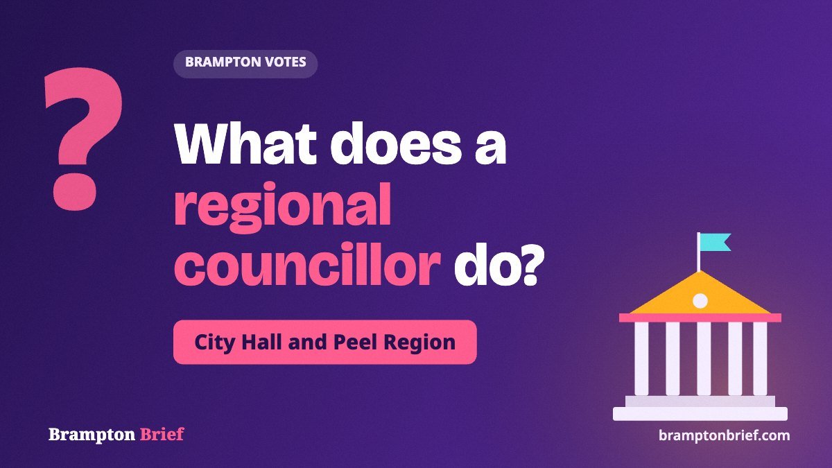 Brampton regional councillor explainer cover with a City Hall illustration